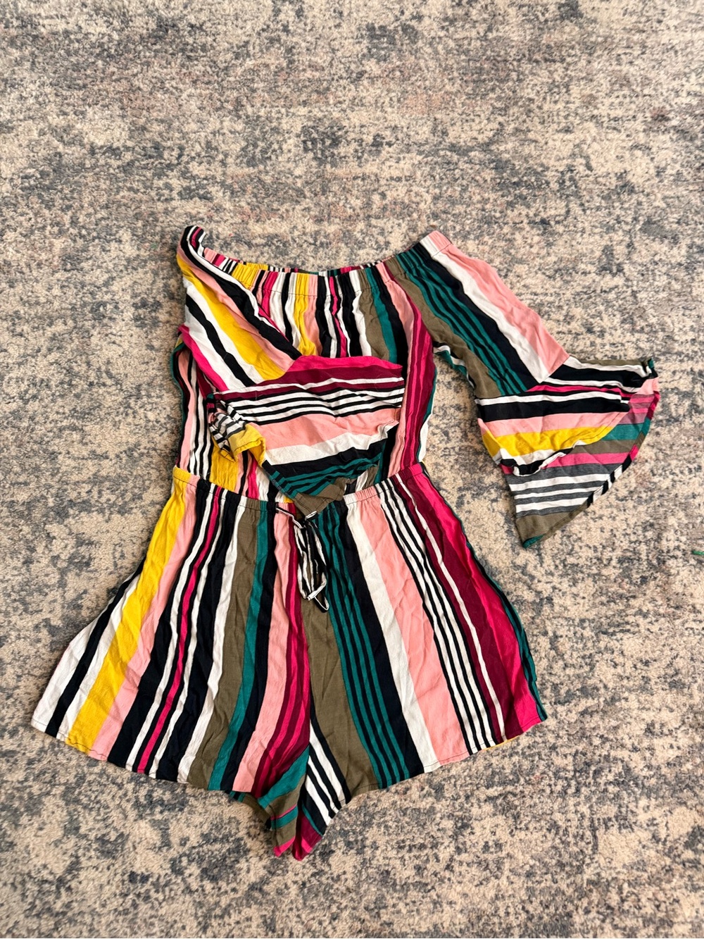Express Multicolor Striped Off-Shoulder 3/4 Bell Sleeve Romper XS